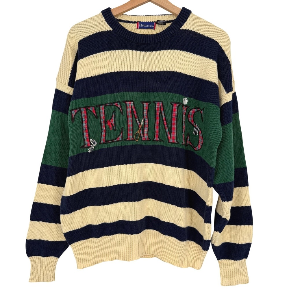 Vintage Hathaway 90s Striped Tennis Pullover‎ Sweater Sz M Cotton Embroidered